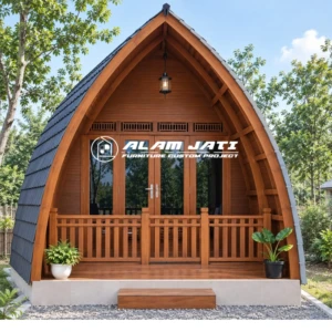 Rumah Lumbung Kayu Jati Minimalis menghadirkan perpaduan menarik antara karakter tradisional, kenyamanan modern, dan keindahan material alami. Desainnya menampilkan bentuk lumbung yang unik dengan garis atap melengkung serta struktur kayu yang terlihat kokoh.